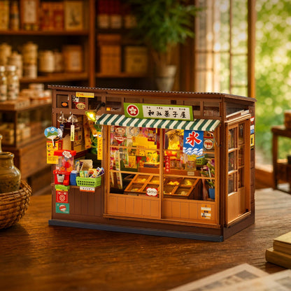 Book nook Nagomi Kashiya posé sur un plan de travail en bois dans une épicerie japonaise chaleureuse