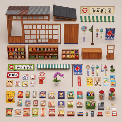 Vue éclatée des pièces détachées du book nook Nagomi Kashiya, structure, toit et décorations colorées