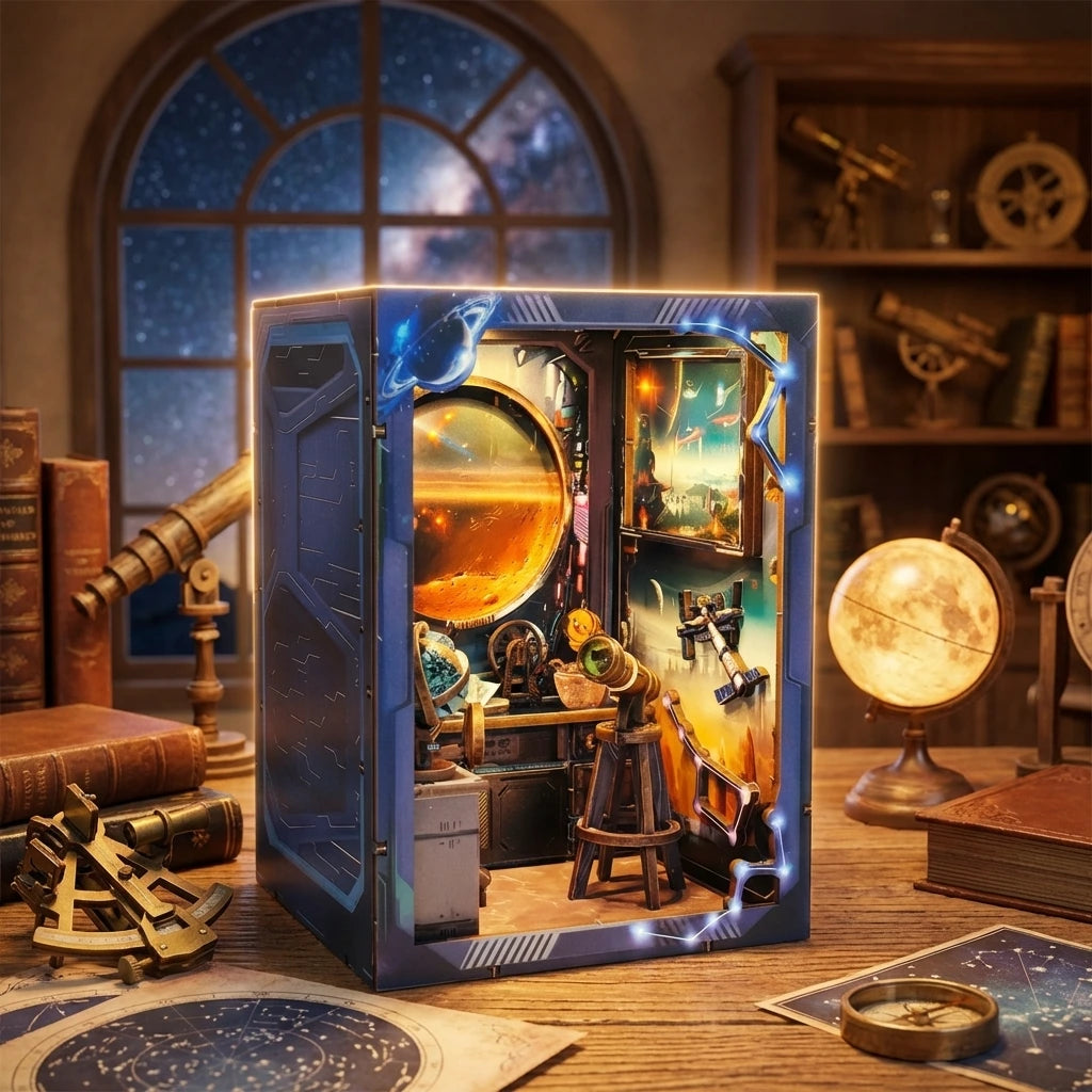 Book Nook en bois thème Observatoire Astronomique, vue Face, éclairage LED chaleureux, décoration Nook-It.