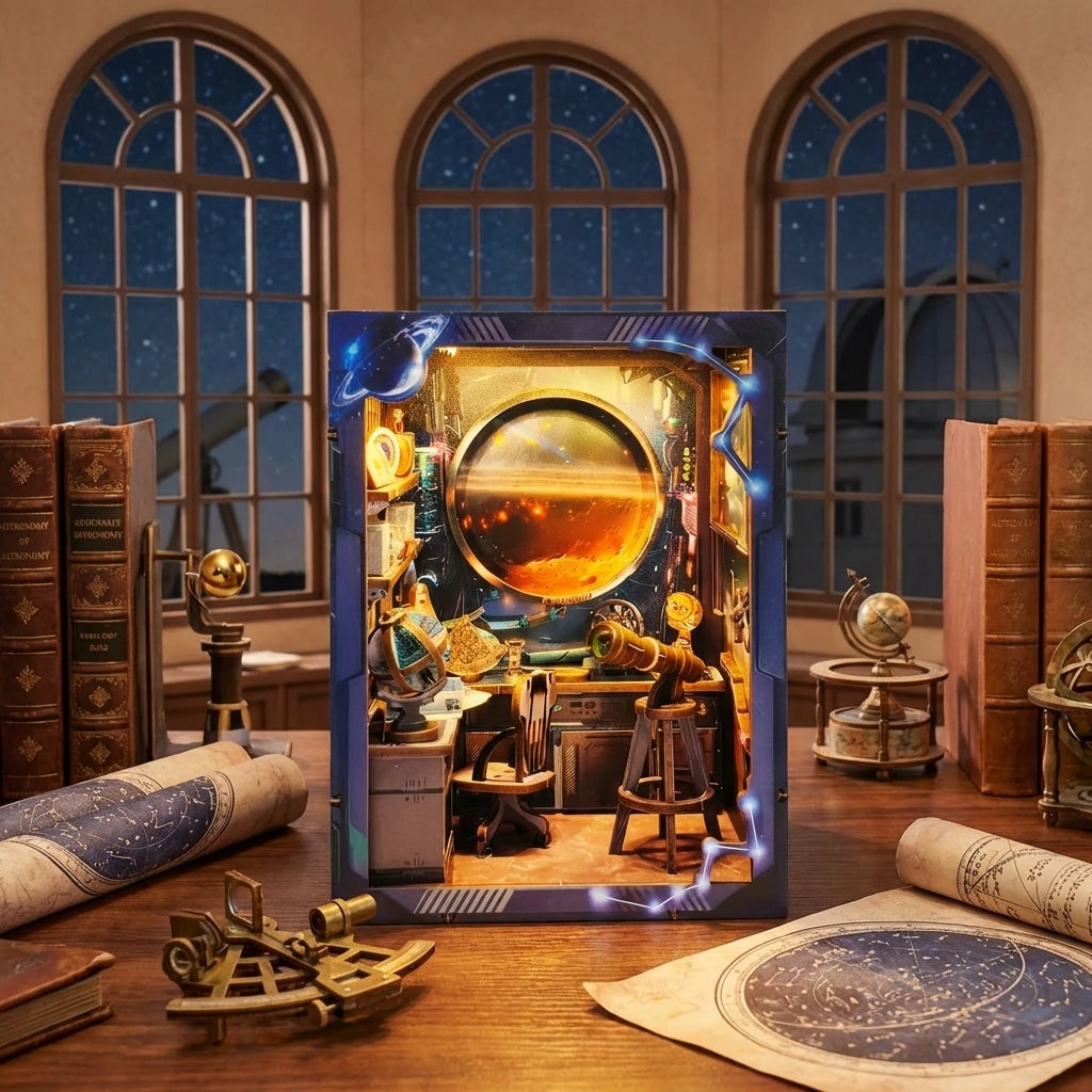 Book Nook en bois thème Observatoire Astronomique, vue de face, éclairage LED chaleureux, décoration Nook-It.