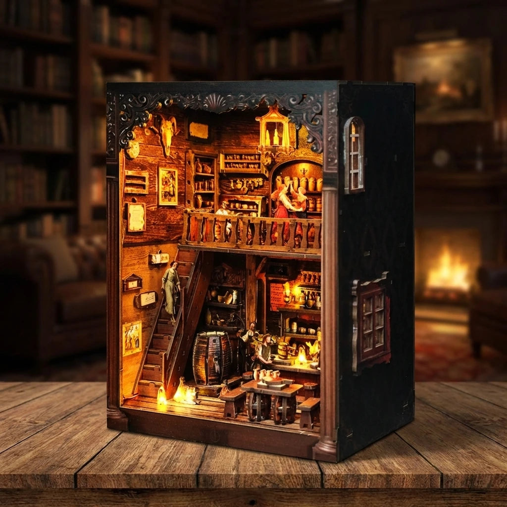 Book Nook en bois thème Old Time Tavern - Taverne Festive, vue Ambiance Nuit, éclairage LED chaleureux, décoration Nook-It.