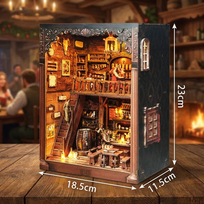 Book Nook en bois thème Old Time Tavern - Taverne Festive, vue avec Dimensions, éclairage LED chaleureux, décoration Nook-It
