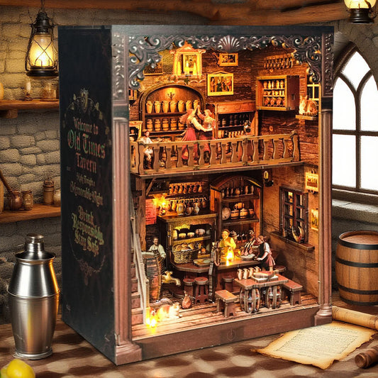 Book Nook en bois thème Old Time Tavern - Taverne Festive, vue Face, éclairage LED chaleureux, décoration Nook-It.