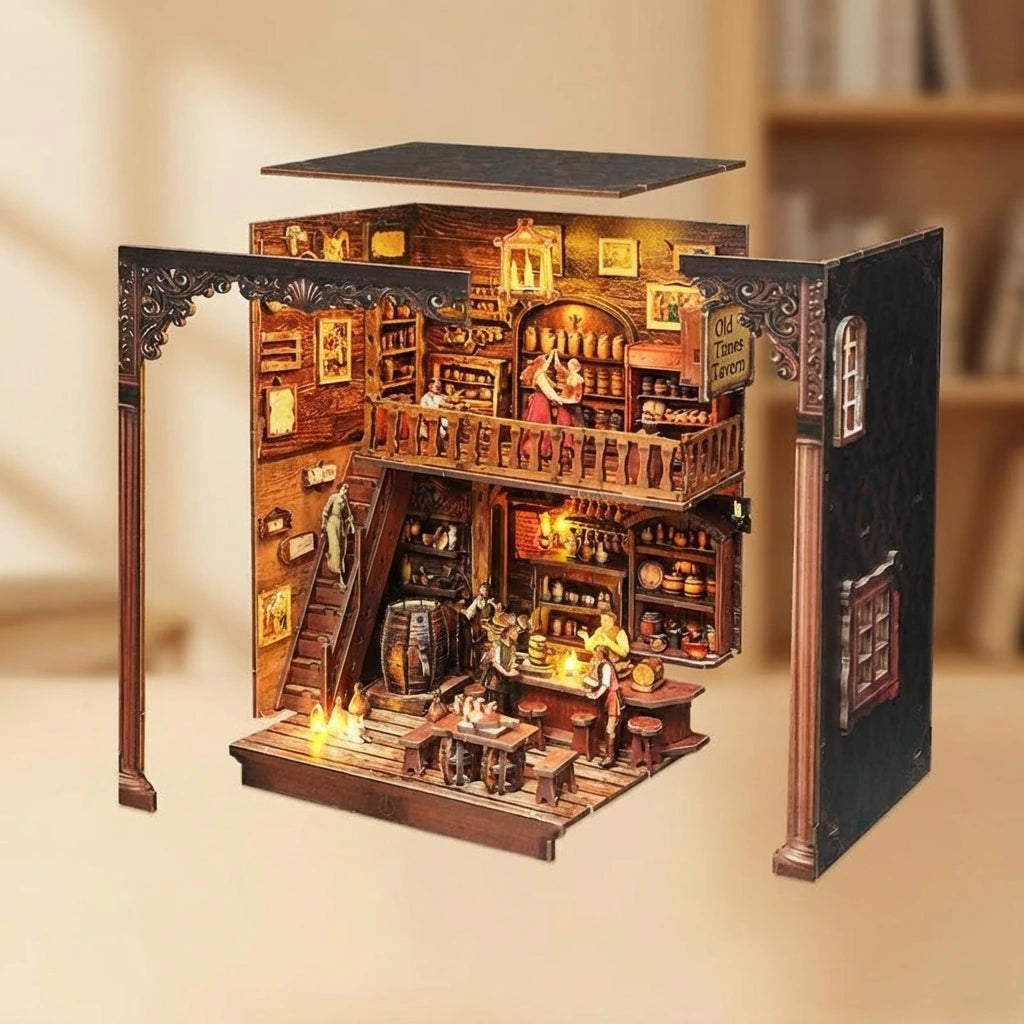 Book Nook en bois thème Old Time Tavern - Taverne Festive,Vue Éclatée, éclairage LED chaleureux, décoration Nook-It.