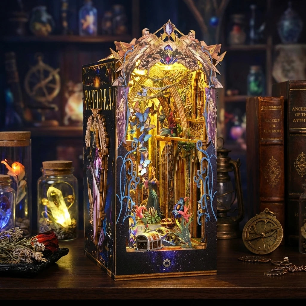 Book Nook en bois thème Pandora - Cabinet des Curiosités Fantastiques, vue Ambiance Nuit, éclairage LED chaleureux, décoration Nook-It