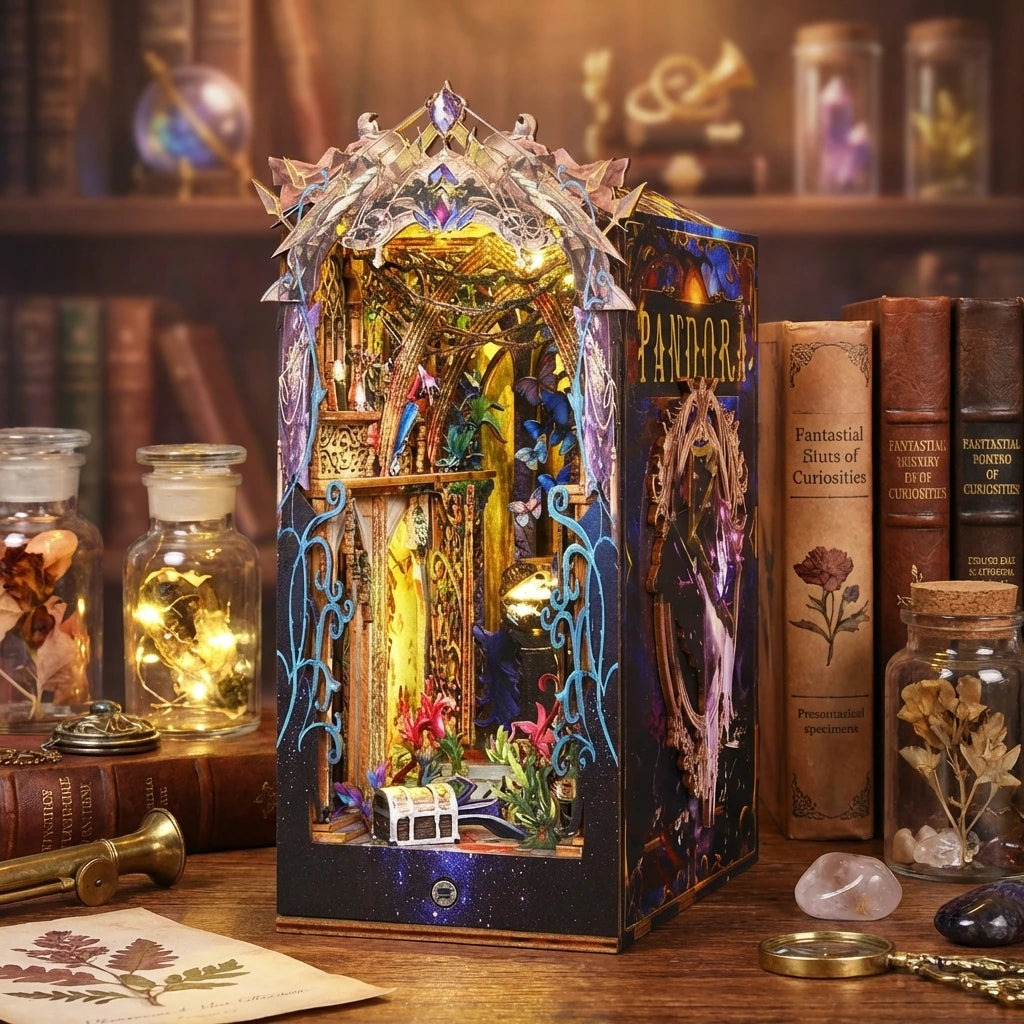 Book Nook en bois thème Pandora - Cabinet des Curiosités Fantastiques, vue Angle 45°, éclairage LED chaleureux, décoration Nook-It