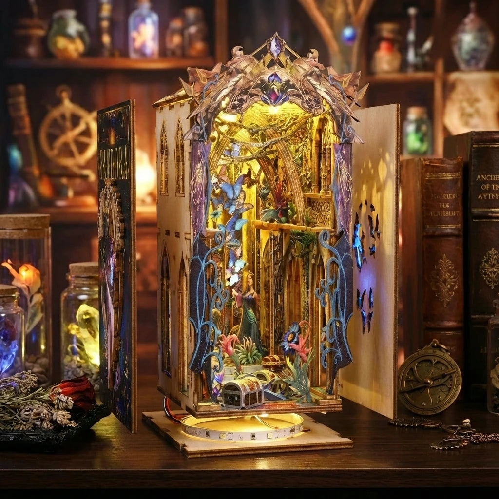 Book Nook en bois thème Pandora - Cabinet des Curiosités Fantastiques, vue Éclatée, éclairage LED chaleureux, décoration