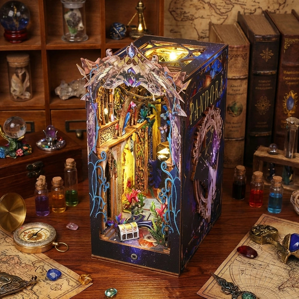 Book Nook en bois thème Pandora - Cabinet des Curiosités Fantastiques, vue Plongeante, éclairage LED chaleureux, décoration Nook-It