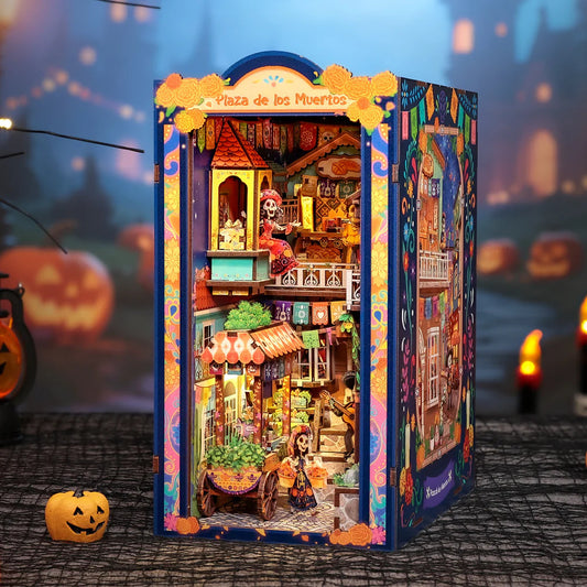 Book Nook Plaza de los Muertos illuminé, vue d'angle sur la ruelle mexicaine du Jour des Morts