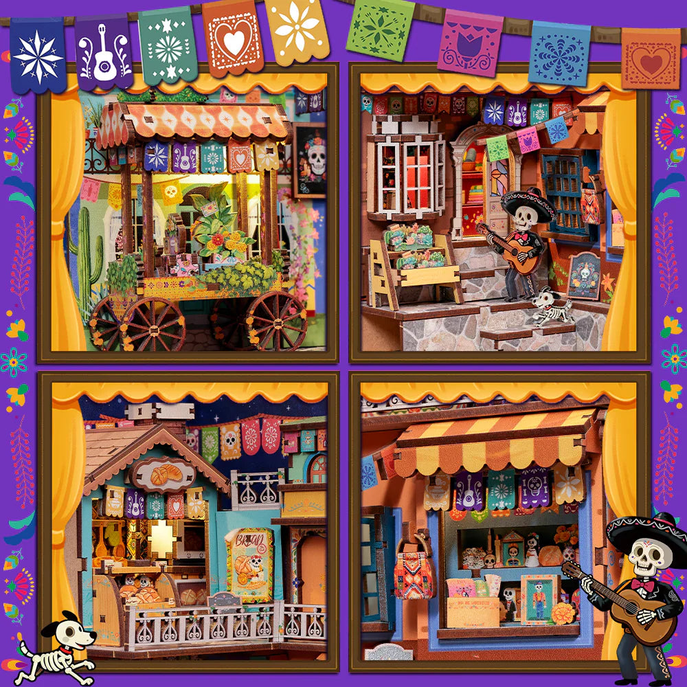 Détails du Book Nook Plaza de los Muertos : mariachi, charrette fleurie et guirlandes de papel picado