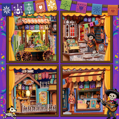 Détails du Book Nook Plaza de los Muertos : mariachi, charrette fleurie et guirlandes de papel picado