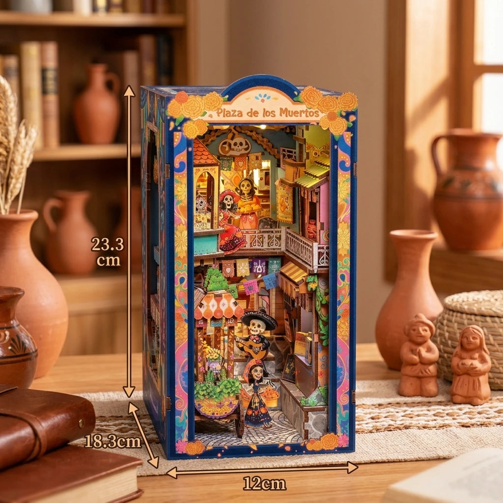 Dimensions du Book Nook Plaza de los Muertos assemblé : 23,3 cm de haut et 18,3 cm de large