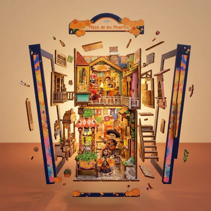Vue éclatée du Book Nook Plaza de los Muertos montrant les pièces en bois découpées au laser