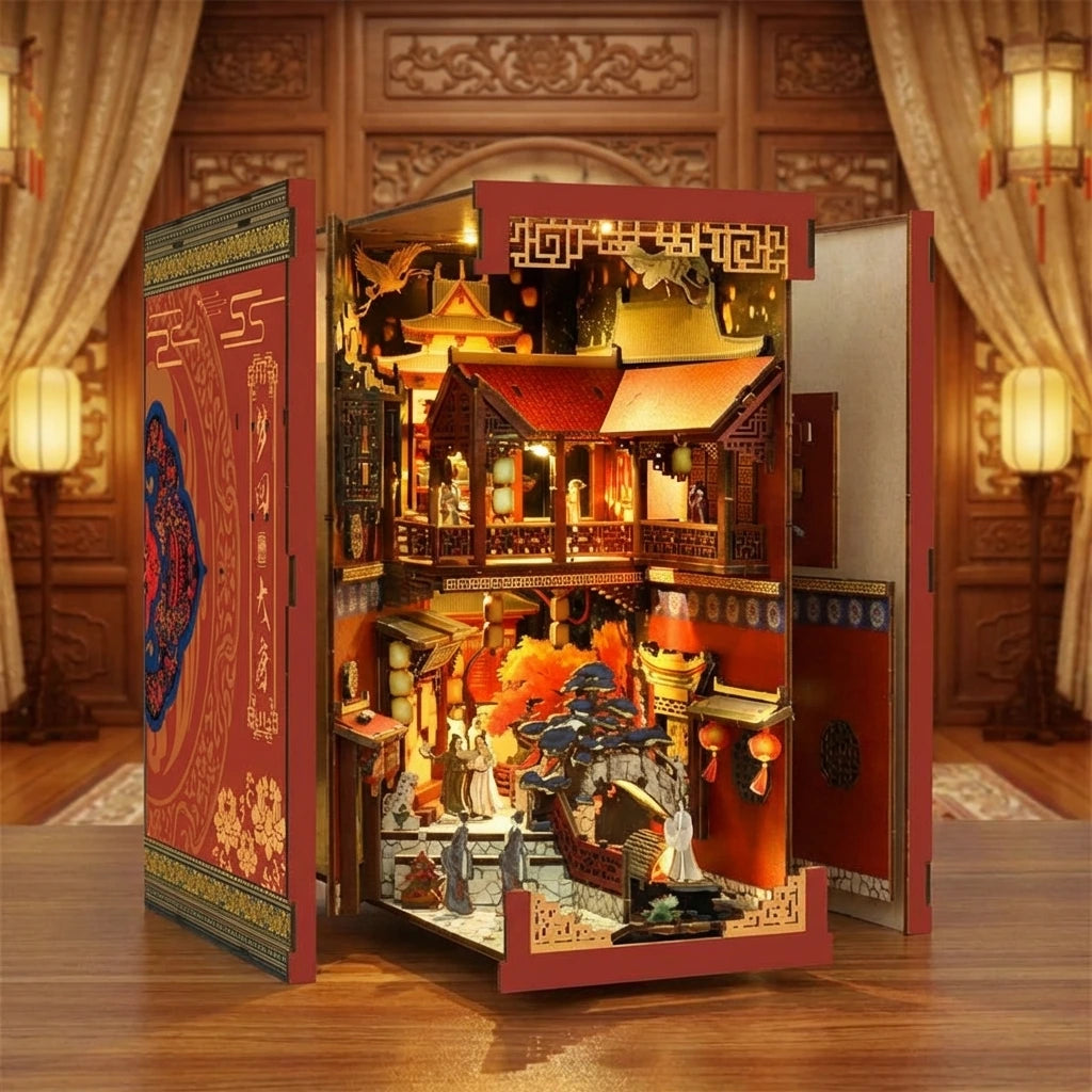 Book Nook en bois thème Rêve de la Dynastie Tang - Chine Impériale, vue éclatée, éclairage LED chaleureux, décoration Nook-It
