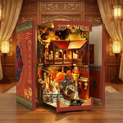 Book Nook en bois thème Rêve de la Dynastie Tang - Chine Impériale, vue éclatée, éclairage LED chaleureux, décoration Nook-It