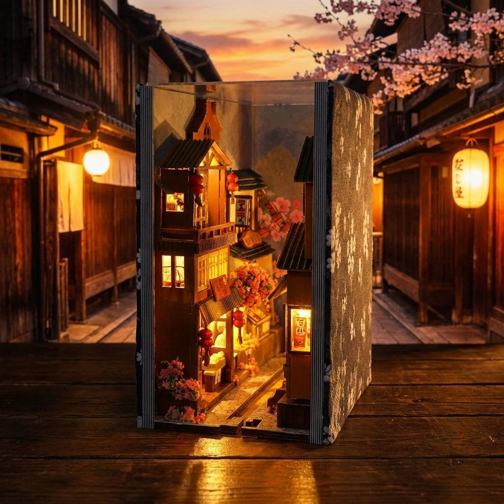 Book Nook en bois thème Rue Japonaise Typique - Nocturne Japonais, vue de nuit, éclairage LED chaleureux, décoration Nook