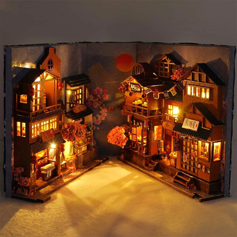 Book Nook en bois thème Rue Japonaise Typique - Nocturne Japonais, vue dépliée, éclairage LED chaleureux, décoration Nook-It