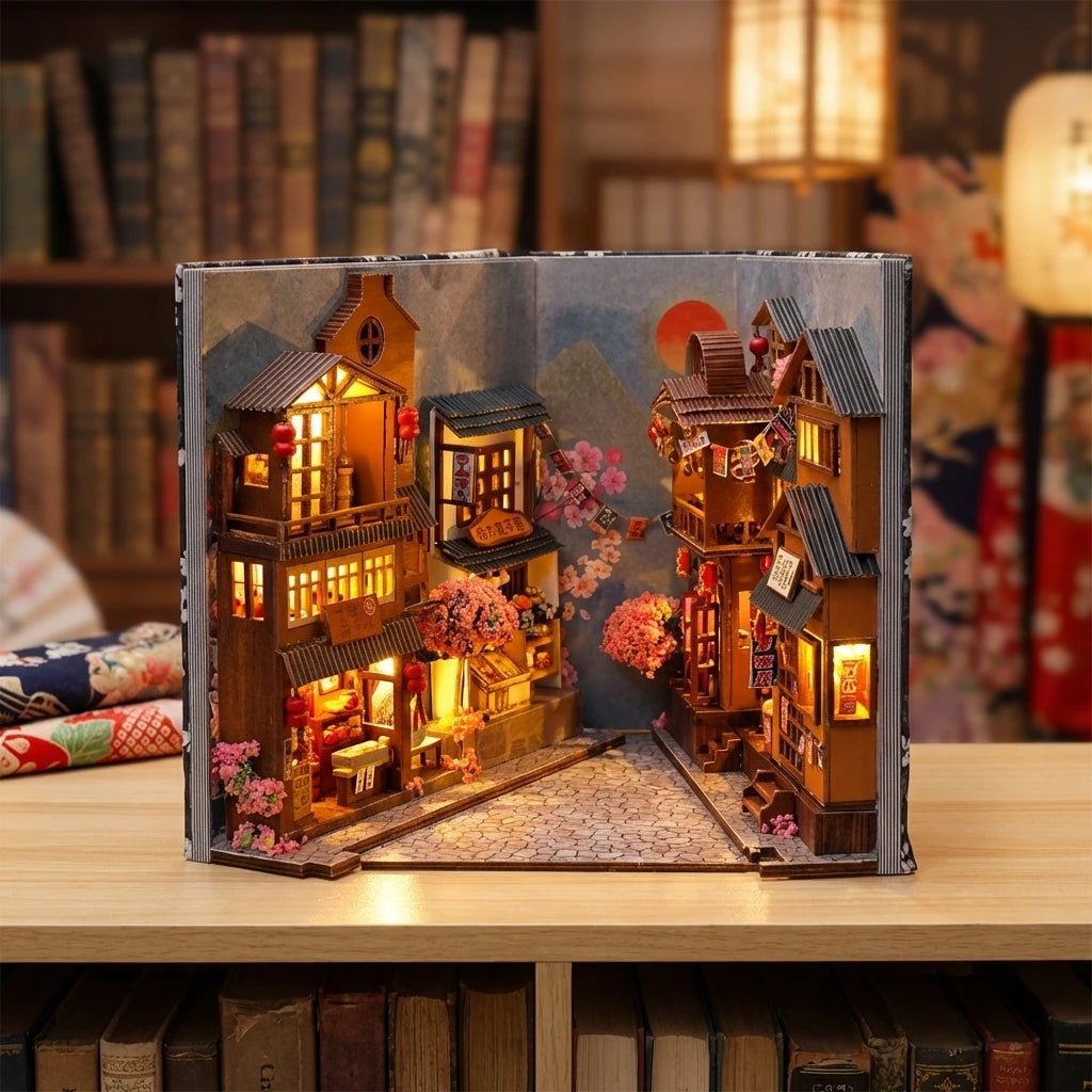 Book Nook en bois thème Rue Japonaise Typique - Nocturne Japonais, vue face dépliée, éclairage LED chaleureux, décoration Nook
