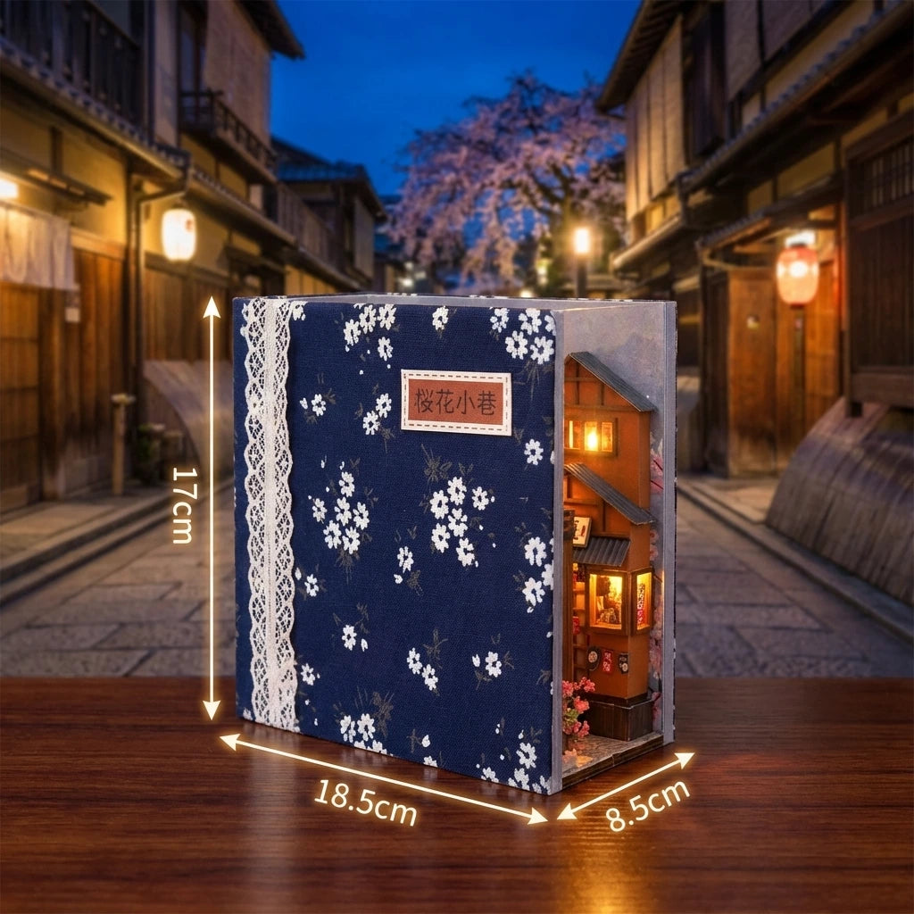 Book Nook en bois thème Rue Japonaise Typique - Nocturne Japonais, vue avec dimensions, éclairage LED chaleureux, décoration Nook
