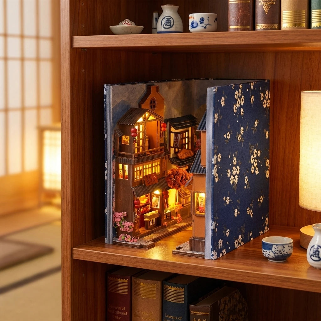 Book Nook en bois thème Rue Japonaise Typique - Nocturne Japonais, vue sur étagère, éclairage LED chaleureux, décoration Nook