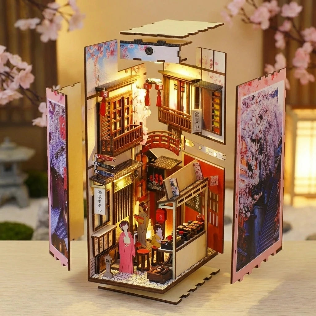Book Nook en bois thème Ruelle Japonaise (Kyoto), vue Éclatée, éclairage LED chaleureux, décoration Nook-It.