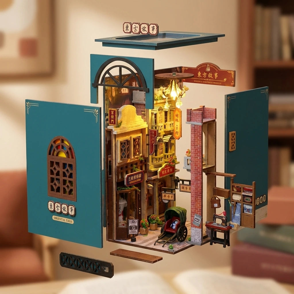 Book Nook en bois thème Ruelle Oriental Asie, vue Éclatée, éclairage LED chaleureux, décoration Nook-It.