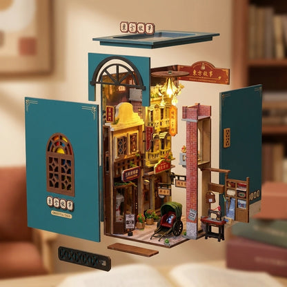 Book Nook en bois thème Ruelle Oriental Asie, vue Éclatée, éclairage LED chaleureux, décoration Nook-It.