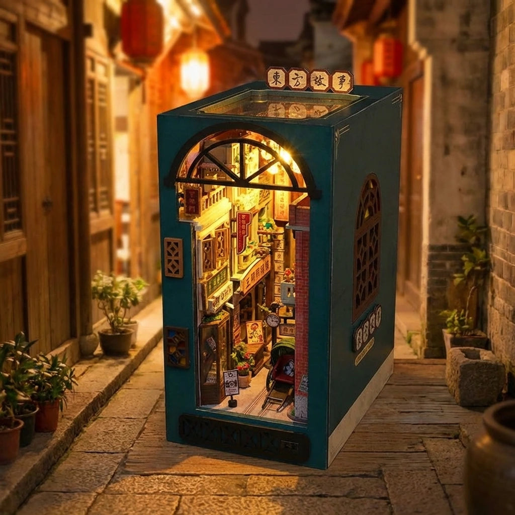 Book Nook en bois thème Ruelle Oriental Asie, vue Plongeante, éclairage LED chaleureux, décoration Nook-It.