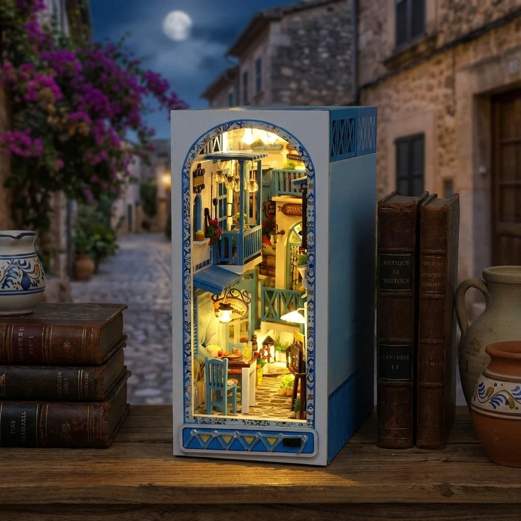 Book Nook en bois thème Ruelle Typique Méditerranéenne, vue Ambiance Nuit, éclairage LED chaleureux, décoration Nook-It.