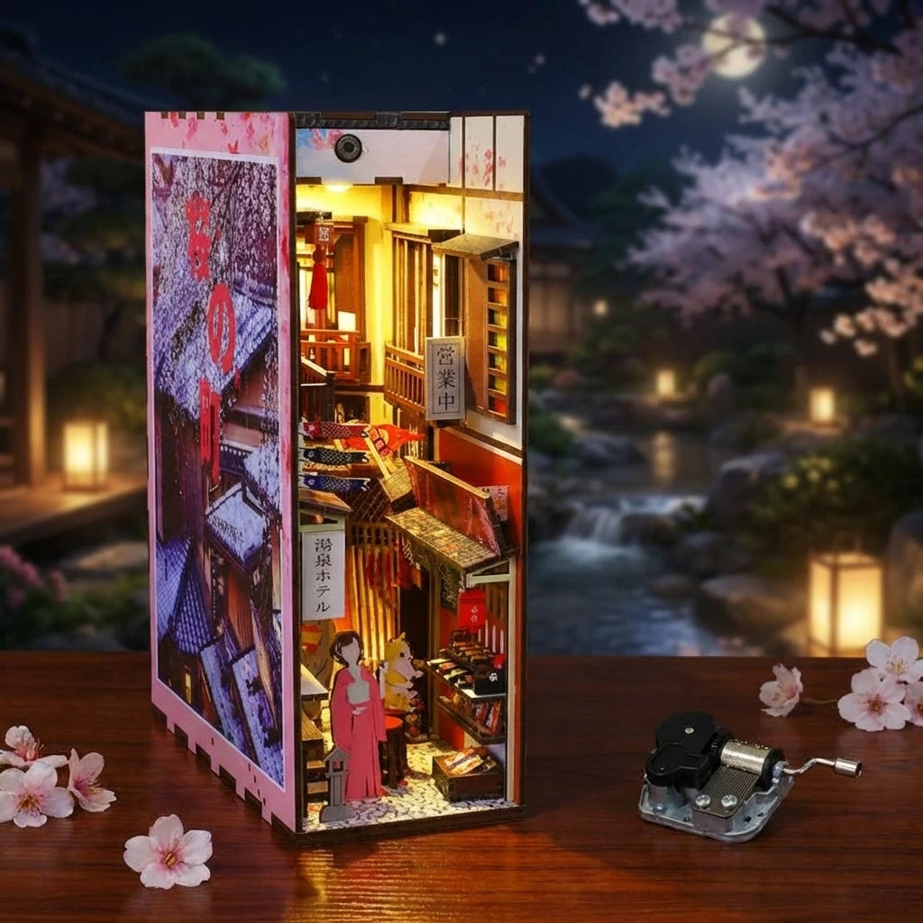 Book Nook en bois thème Sakura Densya - Zen Japonais Rose avec Musique, vue Ambiance Nuit, éclairage LED chaleureux, décoration Nook-It