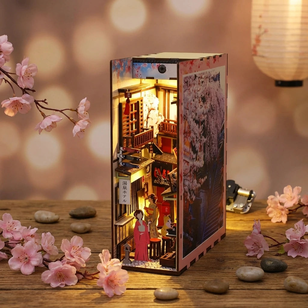 Book Nook en bois thème Sakura Densya - Zen Japonais Rose avec Musique, vue Ambiance Nuit, éclairage LED chaleureux, décoration nook-It