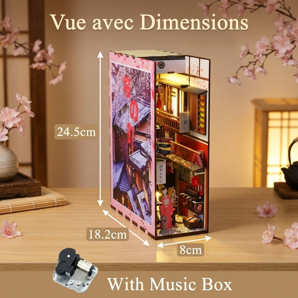 Book Nook en bois thème Sakura Densya - Zen Japonais Rose avec Musique, vue avec Dimensions, éclairage LED chaleureux, décoration Nook-It