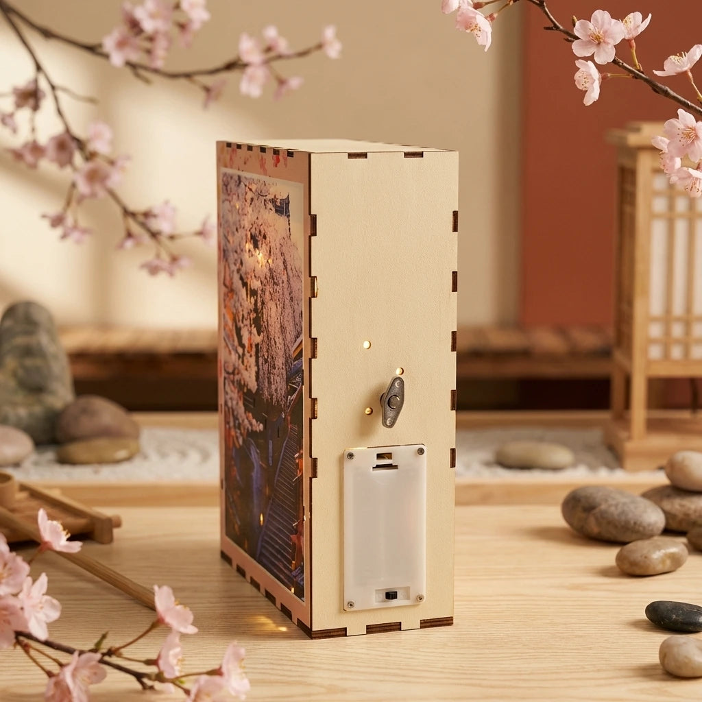 Book Nook en bois thème Sakura Densya - Zen Japonais Rose avec Musique, vue de dos, éclairage LED chaleureux, décoration Nook-It