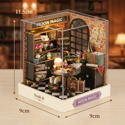 Scène Miniature Moon Magic DIY, vue avec Dimensions, éclairage LED chaleureux, décoration Nook-It Harry Potter