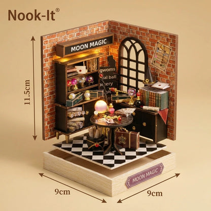 Scène Miniature Moon Magic DIY, vue Éclatée avec dimensions, éclairage LED chaleureux, décoration Nook-It. Harry potter