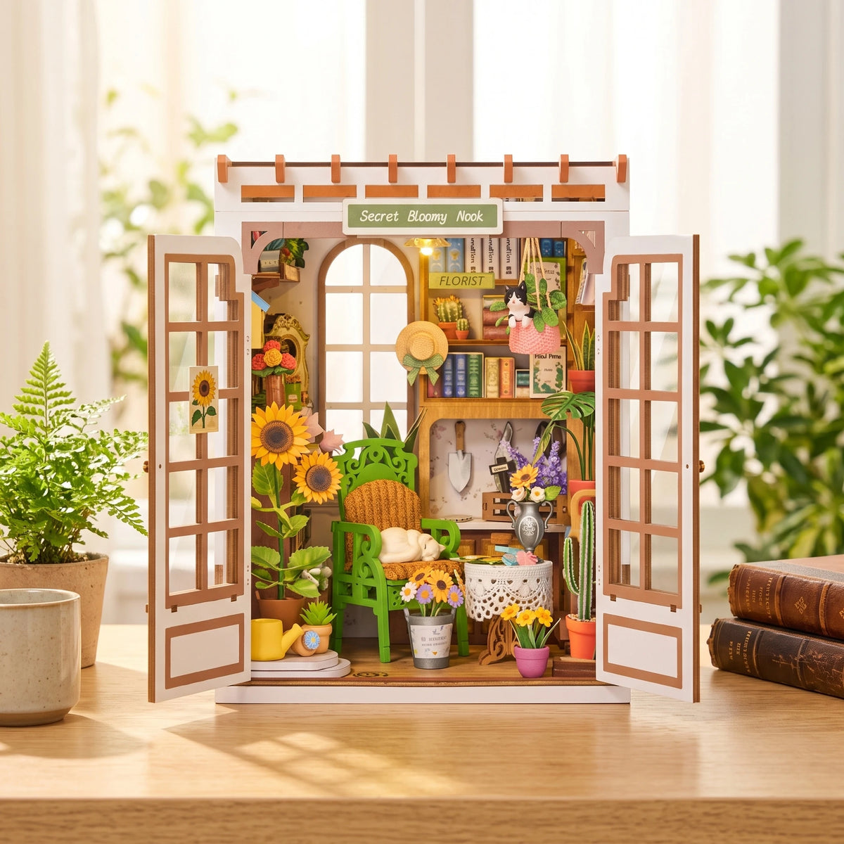 Book nook Secret Bloomy Nook portes ouvertes sur un bureau ensoleillé