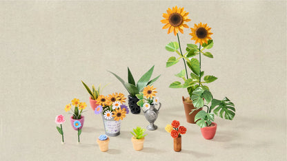 Pots de fleurs miniatures du book nook Secret Bloomy Nook, tournesols et cactus