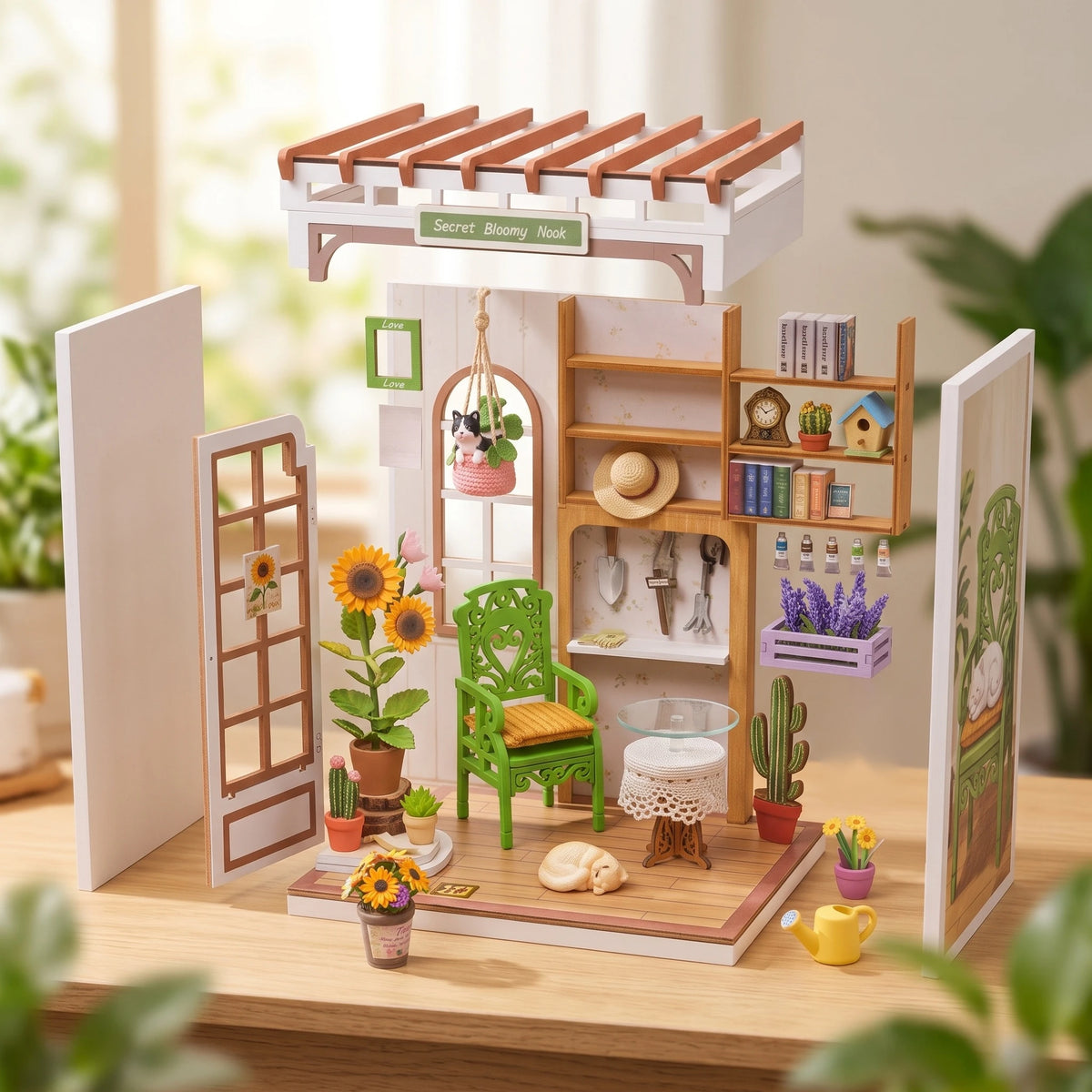 Vue éclatée du book nook Secret Bloomy Nook, plantes, chaise et chats