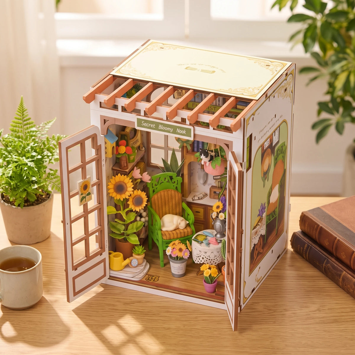 Book nook Secret Bloomy Nook vu en plongée, pergola en terre cuite