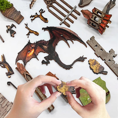 Pièces en bois découpées au laser du Book Nook Seigneur des Anneaux, dragon et décors miniatures à assembler