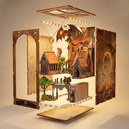 Vue éclatée des pièces détachées du Book Nook Seigneur des Anneaux montrant le kit LED intégré