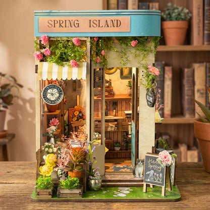 Book Nook en bois thème Spring Island Fleuriste, vue Face, éclairage LED chaleureux, décoration Nook-It.