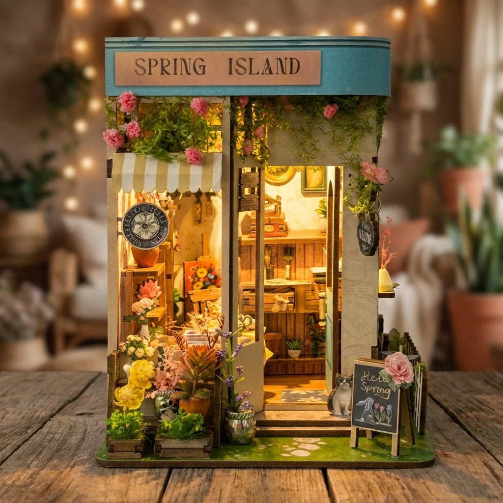Book Nook en bois thème Spring Island Fleuriste, vue Ambiance Nuit, éclairage LED chaleureux, décoration Nook-It.