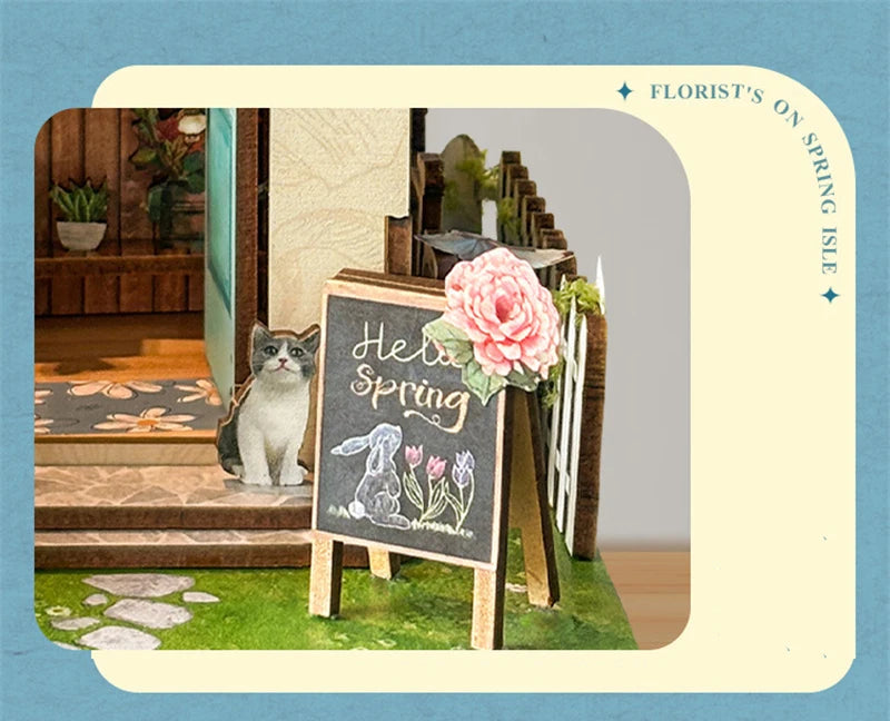 Détail entré de la maquette Spring island avec chat et écriteau de bienvenue