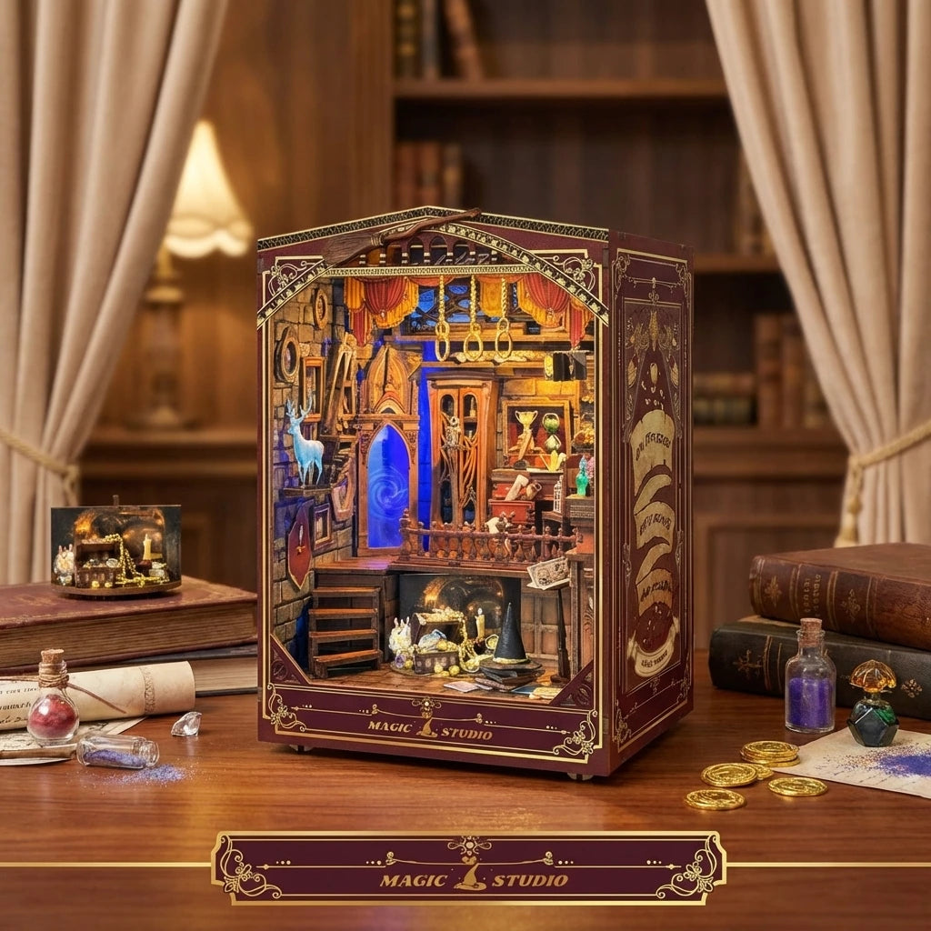 Book Nook du Studio de magie enchanté, vu de 45° de côté, inspiré de Harry Potter, Nook-It décoration