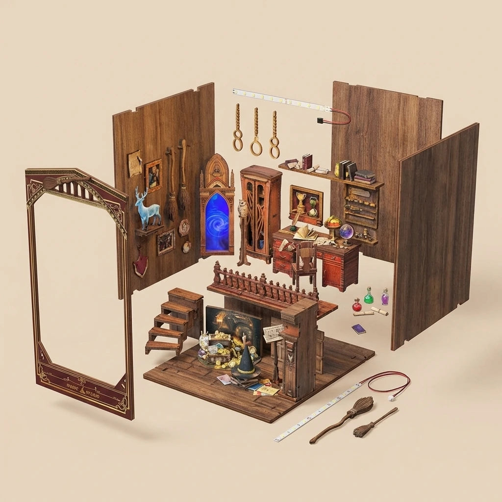 Book Nook du Studio de magie enchanté, vue éclatée du produit, inspiré de Harry Potter, Nook-It décoration