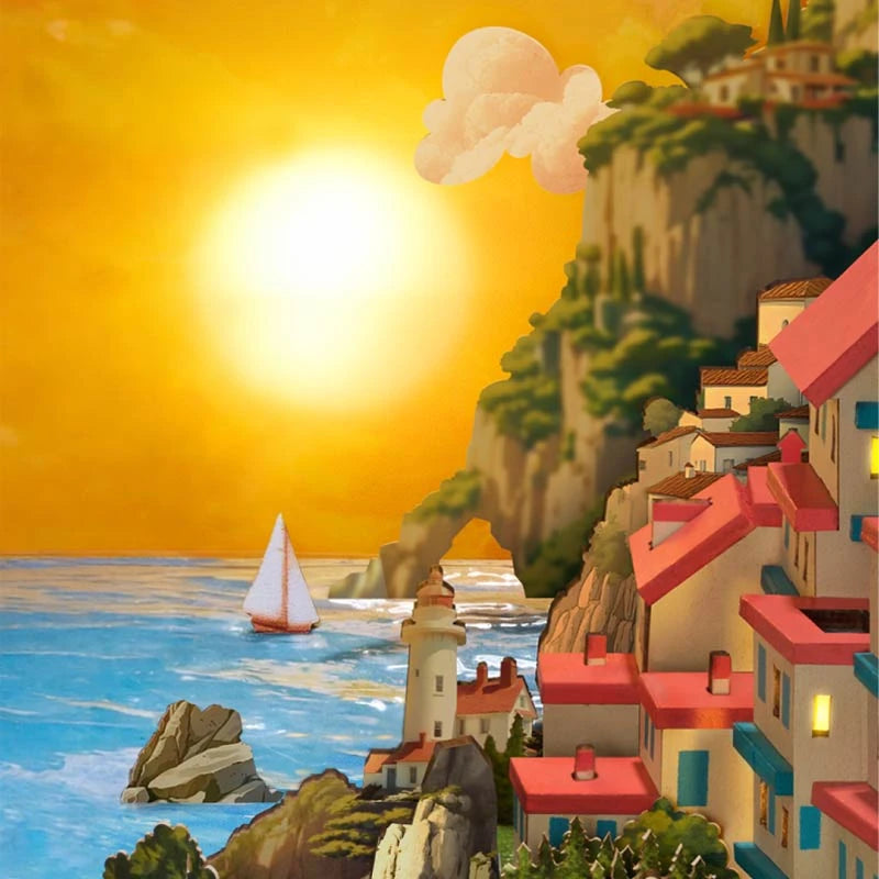 Gros plan du décor Sunset Isle : soleil couchant, mer, phare et maisons sur la falaise