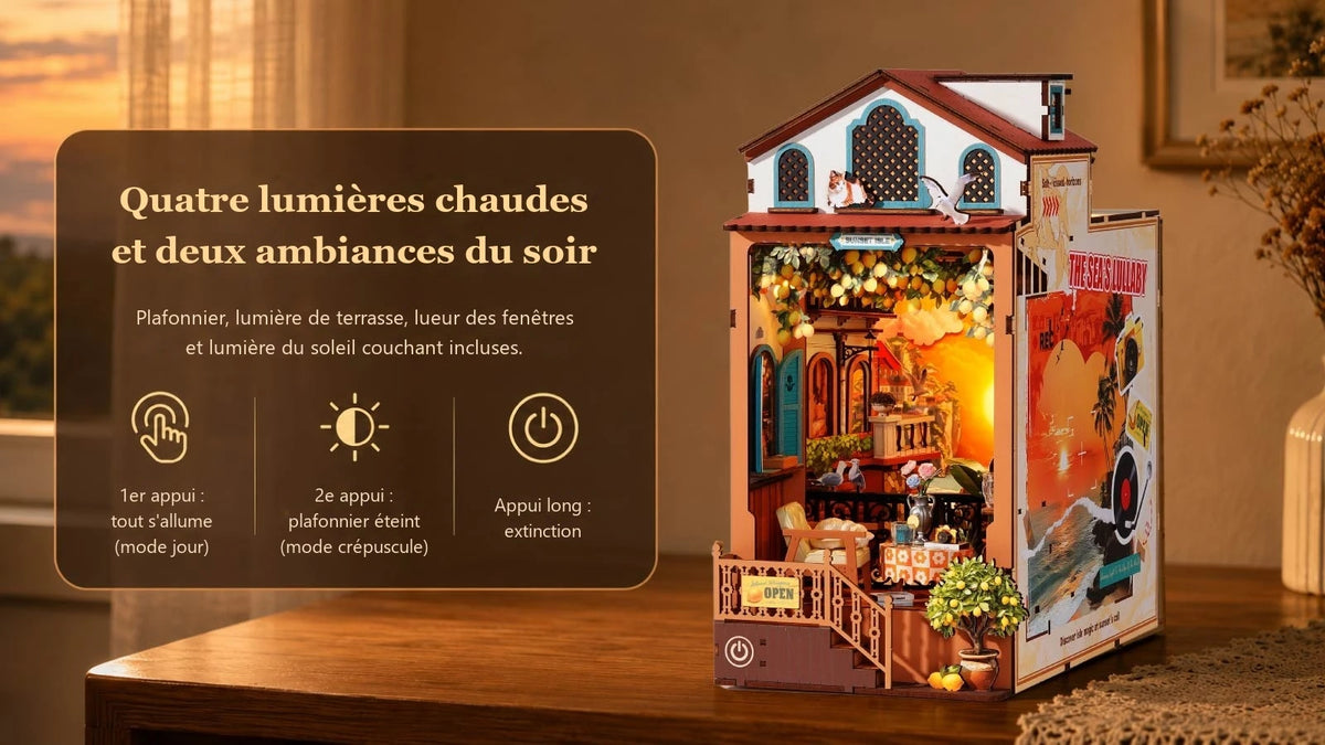 Book nook Sunset Isle allumé, quatre lumières LED et deux ambiances du soir