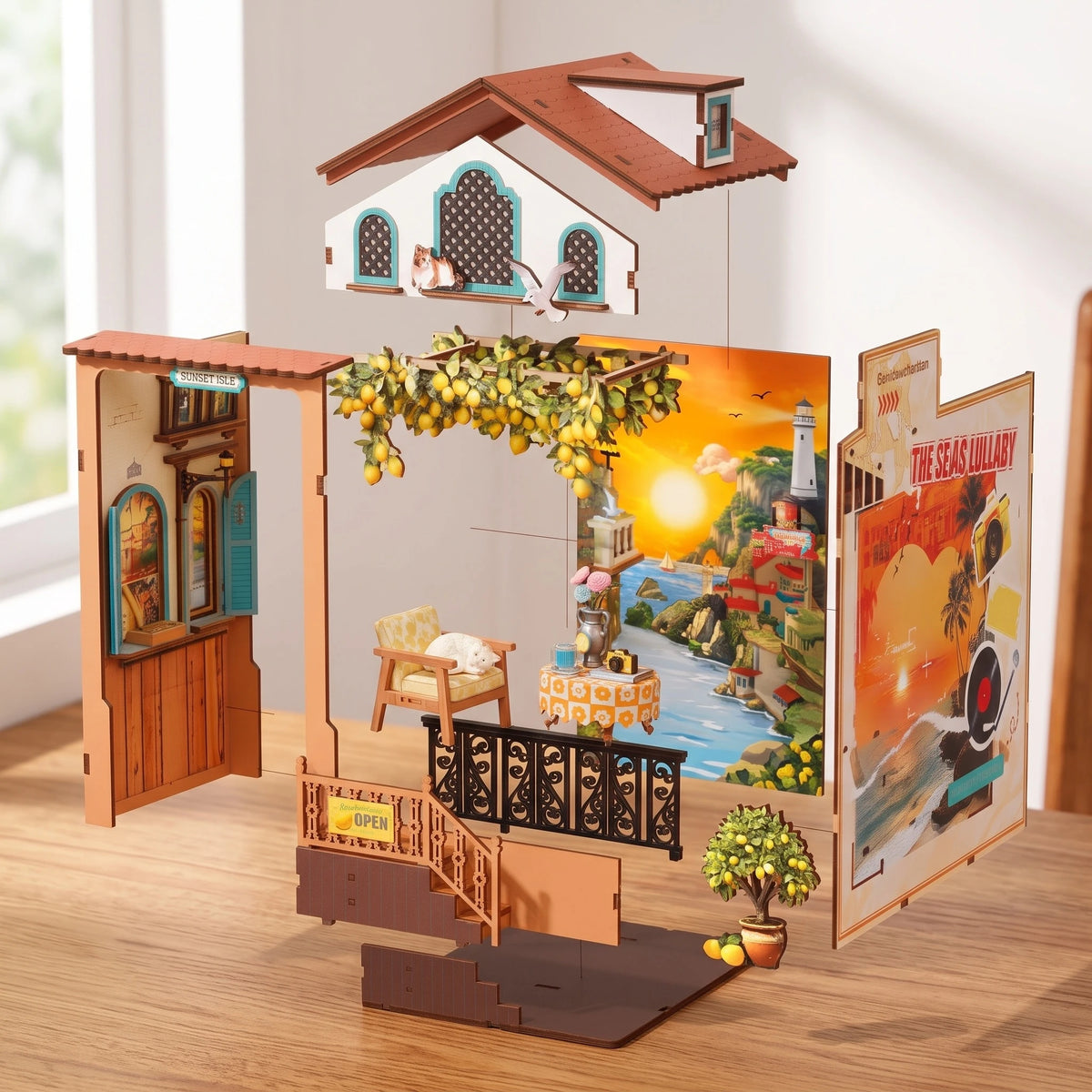 Vue éclatée du book nook Sunset Isle, toit, façade, décor et meubles séparés