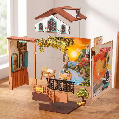 Vue éclatée du book nook Sunset Isle, toit, façade, décor et meubles séparés